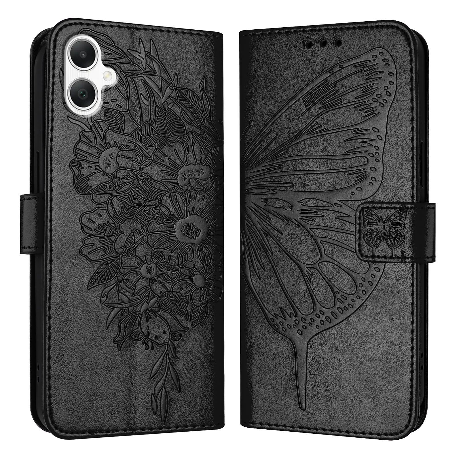 For Samsung Galaxy A06 Case YB Imprinting Series-4 Butterfly Flower Flip Wallet Leather Phone Cover - Black For Samsung Galaxy A06 Case YB Imprinting Series-4 Butterfly Flower Flip Wallet Leather Phone Cover - Black